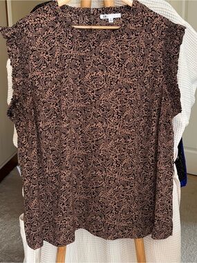 DR2 Black & Clay Paisley Ruffled Cap-Sleeve Top 3X